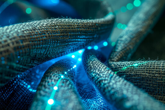 Macro photography of raw linen fabric with glowing optic fibers and copy space