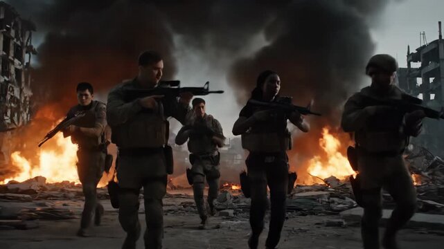 Action-packed Military Escape Scene - A dynamic scene depicting a team of military personnel sprinting away from an explosion in a war-torn urban environment.