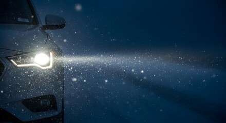 Naklejka premium Front view of a white car with powerful headlights piercing a nighttime snowstorm, capturing a winter driving in snow safety concept