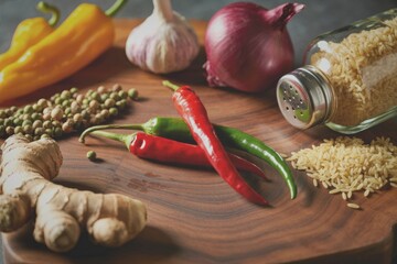 Wooden board with assorted spices and vegetables