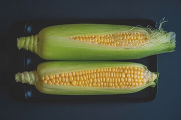 Two ears of corn on a black plate