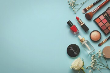 Collection of cosmetic items on light blue background