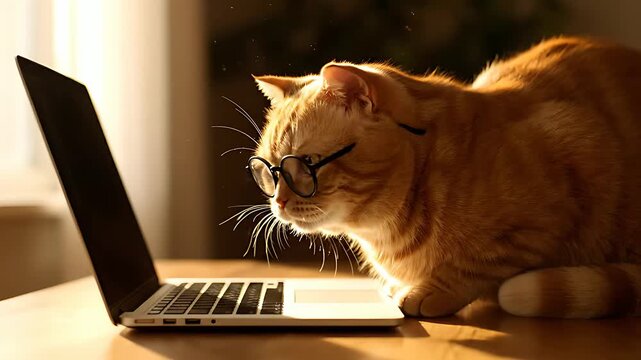 Adorable orange tabby cat wearing small reading glasses intently focuses on the bright screen of an open silver laptop computer while working remotely.