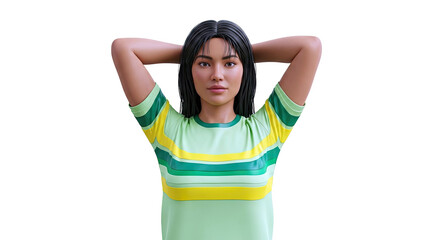 Woman with hands behind head wearing a striped green and yellow shirt