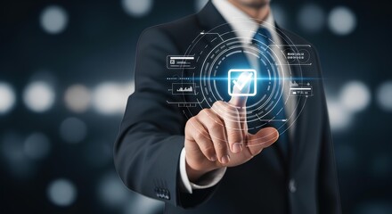 "Business User Confirming Digital Task &ndash; Futuristic Interface with Glowing Check mark and Data Elements"