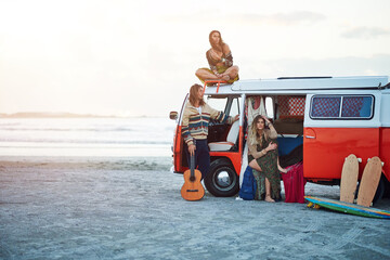 Beach, friends and thinking on holiday, van and bonding on adventure, road trip and relax in nature. Outdoor, space and people on summer vacation with vehicle, travel and calm on break or reflection