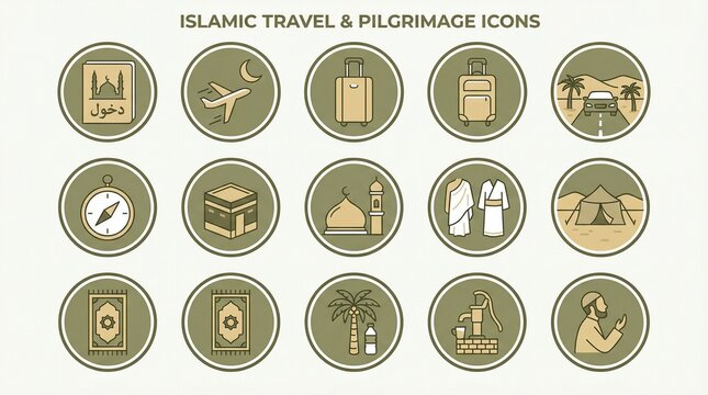 Essential collection of Hajj and Umrah pilgrimage flat line icons representing Islamic travel religious journey and worship concepts vector graphics