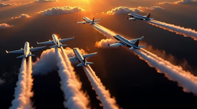 Aerial squadron of aircraft flying in formation through clouds at sunset