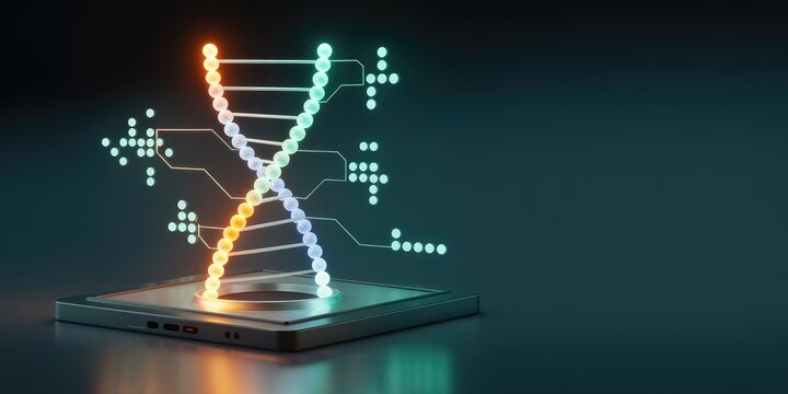 Futuristic genome mapping hologram on dark lab platform with teal orange glow, connected data nodes and clean copyspace for science technology background banner