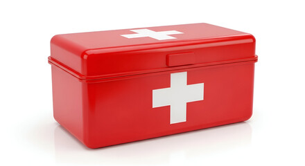 Red First Aid Kit in Simple Clean Design with Bright White Cross on Plain White Background for Medical Emergency