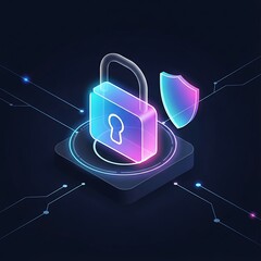 Neon lock and shield on circuit board background  security concept  protection symbol