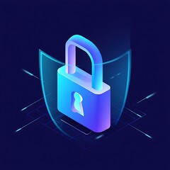 Padlock with shield on grid lines for cybersecurity and protection concept