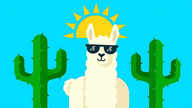 Adorable cartoon white llama character wearing cool black sunglasses stands confidently between two large green saguaro cacti under a bright yellow sun illustration.
