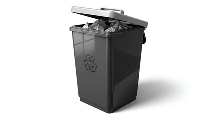 Recycling Bin with Open Lid and Crushed Plastic Bottles in Modern Minimalist Design with Soft Gray Lighting on Isolated White Background for Environmental Campaign