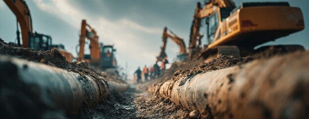 Naklejka premium Pipeline installation process with excavators at construction site 