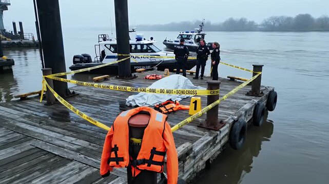 Forensic Investigation on River Dock with Police Boat and Evidence Markers  Crime Scene Investigation at River Dock
