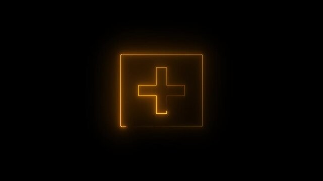 yellow neon plus sign inside a square outline animation on a black background, medical, healthcare, addition, solution, or positive concept
