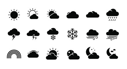 Collection of black weather icons on white background