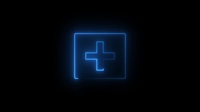 Blue neon plus sign inside a square outline animation on a black background, medical, healthcare, addition, solution, or positive concept