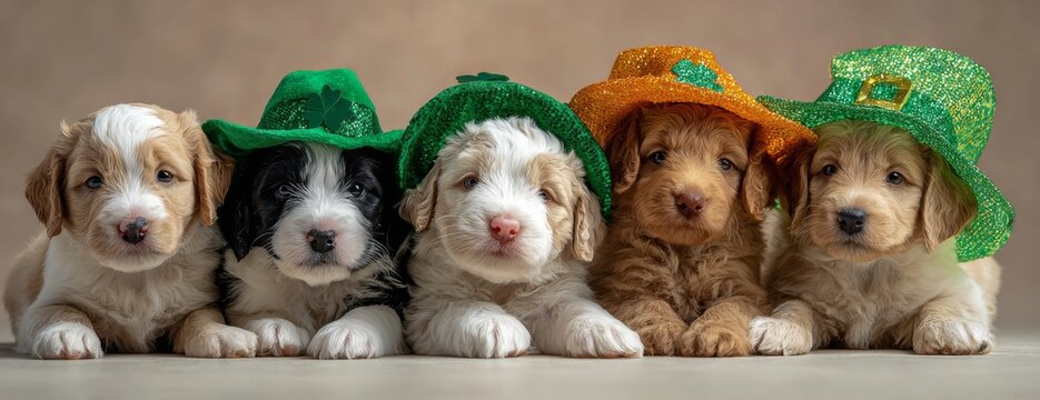 Five puppies wearing festive hats in playful pose for St. Patrick's Day celebration  