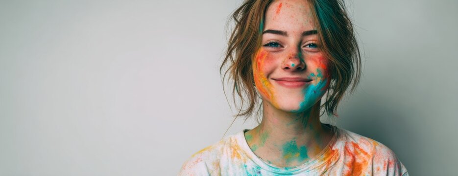Young woman smiling with colorful powder on her face after Holi festival  