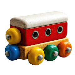 Wooden toy train car with red sides, white top and colorful wheels