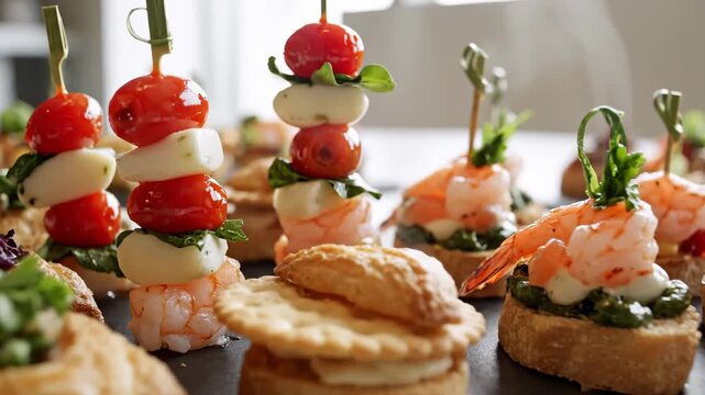 Close Up of Variety of Appetizers, Including Shrimp, Caprese Skewers and Sandwiches
