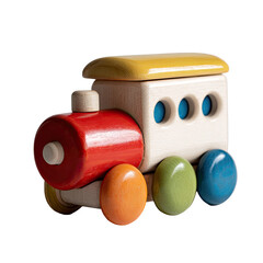 Colorful wooden toy train, brightly painted and simple design on black