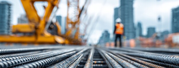 Construction site with steel rebar and worker in safety gear  