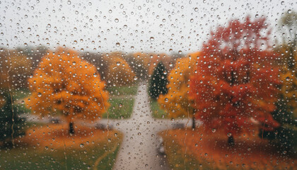 Autumn rainy day with vibrant foliage and natural textures. capturing the essence of fall through raindrop-covered windows for design and nature concepts.