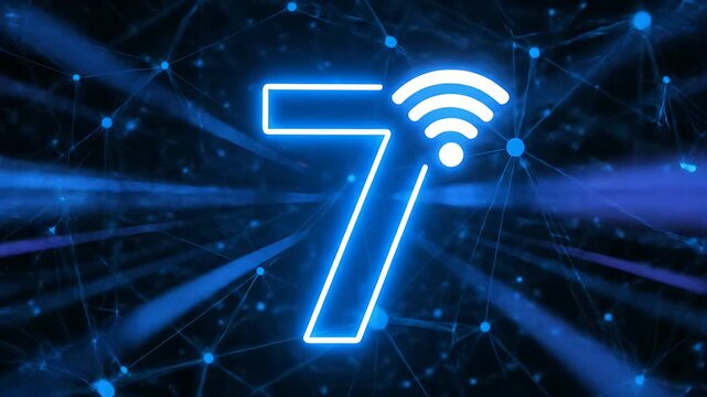 The futuristic neon glowing number seven symbol incorporating a white wifi connectivity icon represents the cutting-edge technology of wireless internet standards.