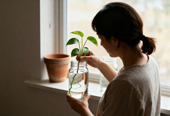 Woman caring for a plant in a jar by a window