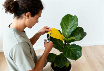 Person trimming a yellow leaf from an indoor plant