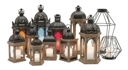 Obraz premium Aesthetic collection of decorative lanterns with candles and ambient light, isolated on transparent background.