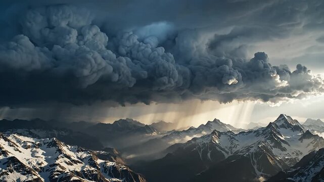 Dramatic storm clouds gather over snow-capped mountains