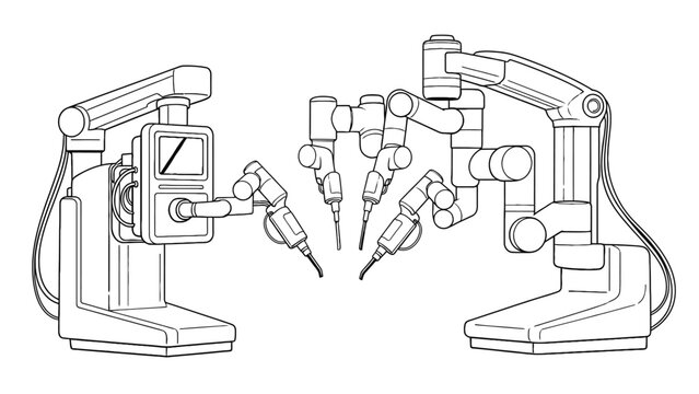 Surgical robotic arms performing minimally invasive procedures vector schematic highlighting precision automation, capital investment modeling and procurement strategy for surgical suites