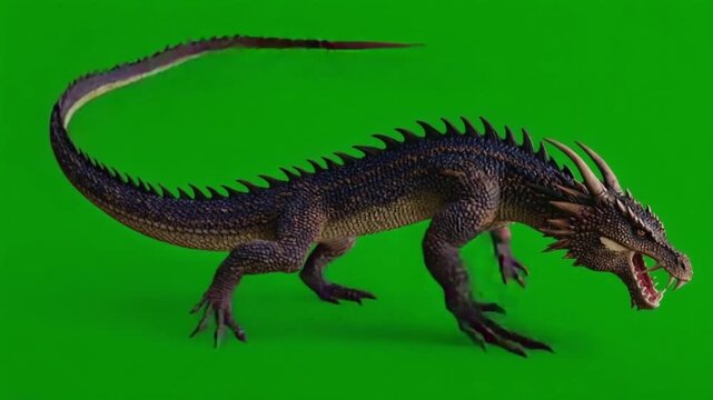 Fierce dragon creature with sharp spikes and claws on green screen