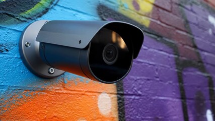 Urban Surveillance Camera on Colorful Wall - This video features a modern surveillance camera mounted on a vibrant, graffiti-covered wall. - Powered by Adobe