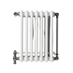 White cast iron radiator with metallic accents, against a black background