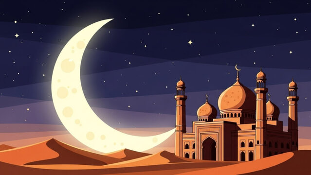Mosque under Crescent Moon in Desert at Night