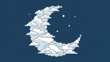 Crescent Moon Made of White Clouds with Stars on Dark Blue Background