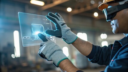 A worker in gloves uses augmented reality technology to interact with a digital interface in a modern industrial setting.