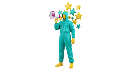 Figure in a Teal Hazmat Suit with Megaphone and Stars