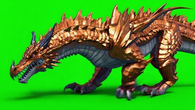Golden dragon creature with sharp claws and spikes on green background