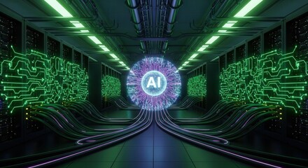 AIデータセンターのサイバーパンクな未来的なサーバーと回路