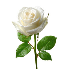 Solitary white rose blossom with green leaves against a black background