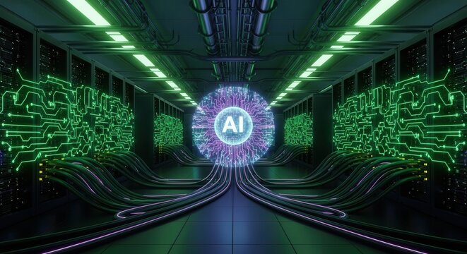 AIデータセンターのサイバーパンクな未来的なサーバーと回路