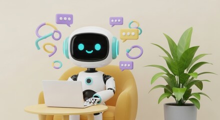 ノートパソコンを使用するかわいいAIロボットとチャットボットのコンセプト3Dイラスト