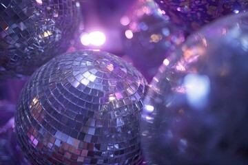 Close-up of many shimmering disco balls reflecting purple light, creating a party vibe