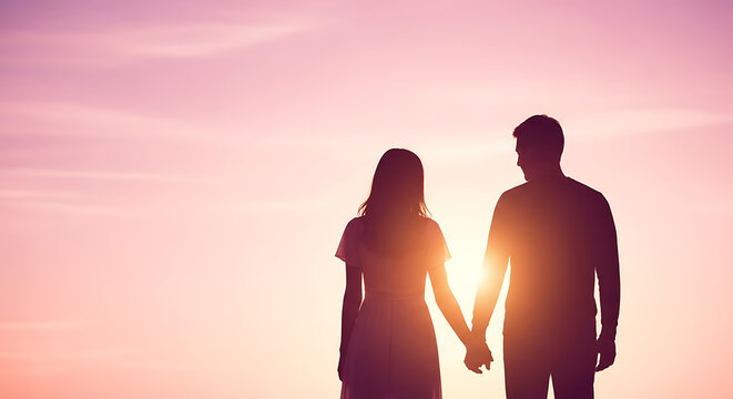Silhouette of a romantic couple holding hands against a vibrant pink and purple sunset sky, celebrating love Valentine&rsquo;s Day background
